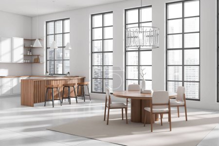 Foto de Interior de la cocina blanca con mesa de comedor y sillas, vista lateral, zona de cocina con isla bar y utensilios de cocina. Ventana panorámica sobre rascacielos. Renderizado 3D - Imagen libre de derechos