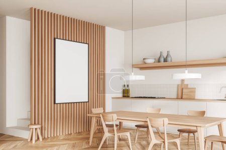 Photo for White kitchen interior with chairs and dining table, side view, hardwood floor. Stylish kitchenware in cooking space. Mockup poster on wooden partition. 3D rendering - Royalty Free Image