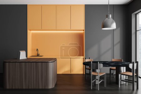 Photo for Black kitchen interior with bar island and dining table with chairs. Modern cooking area with panoramic window on city view. 3D rendering - Royalty Free Image