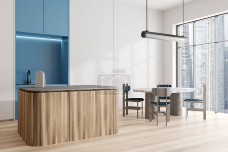 Foto de Interior de la cocina blanca y azul con bar isla y mesa de comedor con sillas, vista lateral. Moderna zona de cocina con ventana panorámica sobre rascacielos. Renderizado 3D - Imagen libre de derechos