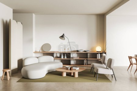 Photo for White meeting room interior with sofa and two armchairs, coffee table on carpet, minimalist shelf with modern decoration on beige concrete floor. 3D rendering - Royalty Free Image