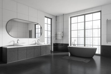 Photo for Black and white bathroom interior with bathtub and double sink, side view. Modern bathing area with panoramic window on skyscrapers. 3D rendering - Royalty Free Image