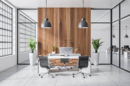 Photo for White office room interior with pc computer on desk, armchairs on concrete tile floor. Sideboard with minimalist decoration. Panoramic window and coworking area. 3D rendering - Royalty Free Image