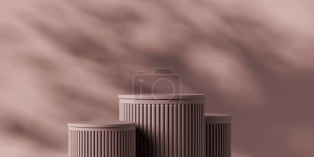 Foto de Conjunto de podio marrón, diseño de pedestal griego y sombra abstracta sobre fondo. Mockup para visualización de productos y publicidad. Renderizado 3D - Imagen libre de derechos