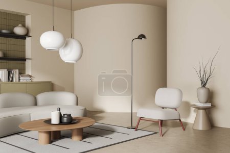 Photo for Modern living room interior with sofa and armchair, side view, drawer and coffee table with decoration on carpet, beige concrete floor. 3D rendering - Royalty Free Image