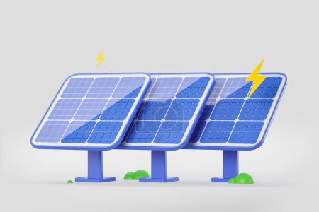 Foto de Tres paneles solares y relámpagos sobre fondo gris. Concepto de energía renovable. Renderizado 3D - Imagen libre de derechos