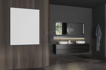 Photo for Dark hotel bathroom interior with double sink, accessories and tile concrete floor. Mockup canvas poster on wooden wall. 3D rendering - Royalty Free Image