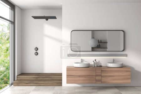 Téléchargez les photos : Intérieur salle de bain blanche avec douche et double lavabo, sol carrelage beige. Accessoires de bain minimalistes sur commode. Fenêtre panoramique sur les tropiques. rendu 3D - en image libre de droit
