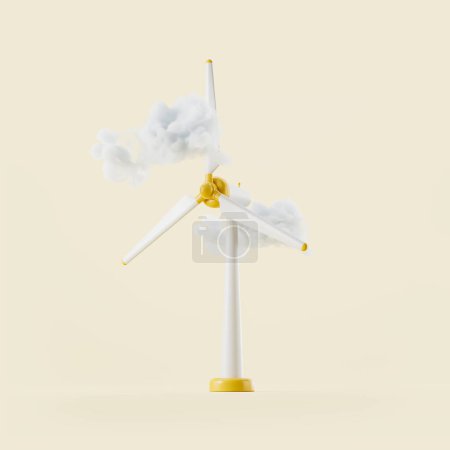 Téléchargez les photos : Turbine éolienne avec nuages, générateur d'énergie alternative sur fond léger. Concept de sources renouvelables. rendu 3D - en image libre de droit