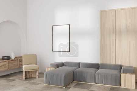 Photo for White living room interior with soft place, side view, drawer with decoration on beige tile floor. Stylish chill zone with sofa and armchair. Mockup canvas poster. 3D rendering - Royalty Free Image