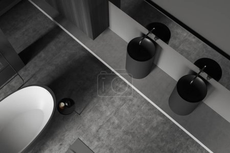 Photo for Top view of dark bathroom interior with bathtub on grey concrete floor. Bathing area with double sink and mirror, accessories on stool. 3D rendering - Royalty Free Image