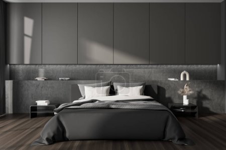 Photo for Front view on dark bedroom interior with bed, bedsides, pillows, houseplant, grey wall, oak wooden hardwood floor, crockery. Concept of minimalist design. Space for creative idea. 3d rendering - Royalty Free Image