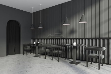 Photo for Modern dark cafe interior with chairs and table with dishes and cutlery, side view, grey concrete floor. Arch door with curtains and lamps. 3D rendering - Royalty Free Image