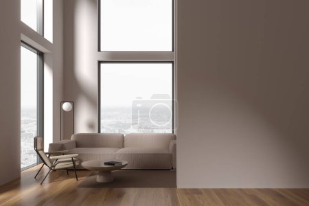 Foto de Beige interior de la sala de estar con sofá y sillón en la alfombra, mesa de centro con decoración. Ventana panorámica en vista a la ciudad, simulacro de partición de pared vacía. Renderizado 3D - Imagen libre de derechos