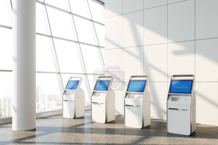 Interieur des modernen Flughafens mit weißen Wänden, großen Panoramafenstern und einer Reihe von Selbstbedienungs-Check-in-Kiosken für die Passagiere. Konzept von Tourismus und Reisen. 3D-Darstellung