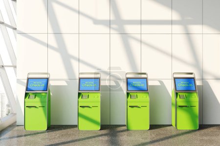 Foto de Moderno interior del aeropuerto cuatro quiosco de facturación electrónica digital verde en fila, terminal de autoservicio para la orden de boletos y equipaje y confirmación, pantalla del panel de registro. Renderizado 3D - Imagen libre de derechos