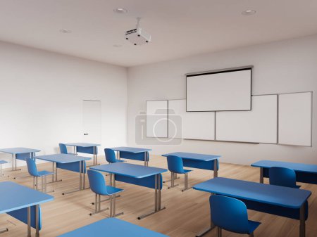 Foto de Interior de aula minimalista con escritorio azul y sillas en fila, vista lateral simulan espacio de copia pizarra vacía y pantalla. Sala de audiencias con equipo. Renderizado 3D - Imagen libre de derechos