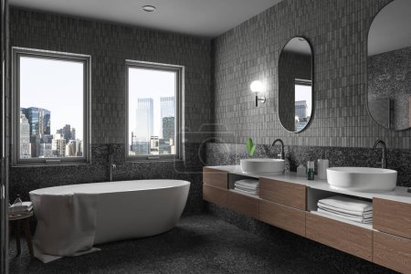 Téléchargez les photos : Maison calme moderne salle de bain intérieure avec des équipements modernes et un charme rustique, une vue imprenable sur la ville de New York. Il allie élégance, confort et nature. Rendu 3d. - en image libre de droit