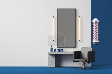 Photo for Blue and white barbershop interior with mirror and armchair, long mirror and stripe pole on wall. Mock up empty wall. Concept of haircuts and shave service. 3D rendering illustration - Royalty Free Image