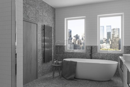 Foto de Moderno y tranquilo cuarto de baño interior con comodidades modernas y encanto rústico, una impresionante vista de la ciudad de Nueva York. Combina elegancia, comodidad y naturaleza. renderizado 3d. - Imagen libre de derechos