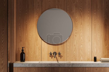 Téléchargez les photos : Intérieur de la salle de bain moderne avec des murs en bois clair, lavabo massif confortable debout sur l'armoire en bois clair et miroir rond suspendu au-dessus. Rendu 3d - en image libre de droit