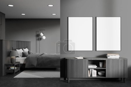 Photo for Interior of stylish bedroom with gray walls, comfortable king size bed and dark wooden dresser with two vertical mock up posters hanging above it. 3d rendering - Royalty Free Image