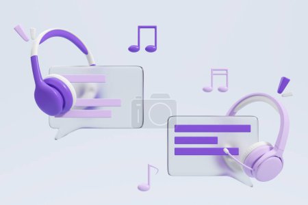 Photo for Purple headphones and text bubbles and audio dialogue, musical notes icons on blue background. Concept of call center and contact service support. 3D rendering illustration - Royalty Free Image