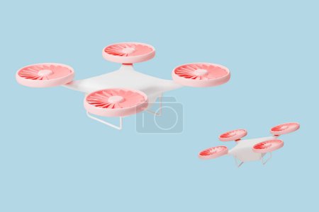 Photo for Flying pink quadrocopter on blue background. Two unmanned aerial vehicle with propeller. Concept of modern technologies, drone, camera photo and video. 3D rendering illustration - Royalty Free Image