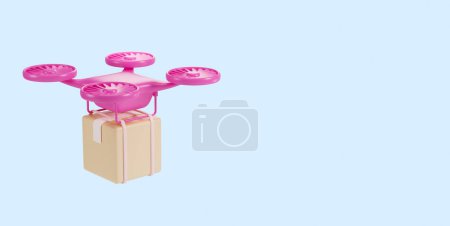 Téléchargez les photos : Vue du drone de livraison quadcopter rose volant avec paquet sur fond bleu. Concept de livraison de marchandises le jour même et de la logistique. Espace de copie. Rendu 3d - en image libre de droit