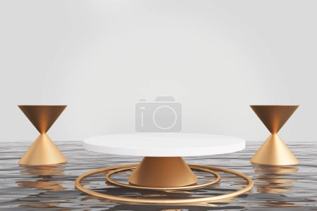 Téléchargez les photos : Élégante plate-forme cylindrique ronde blanche sur l'eau, maquette pour l'affichage des marchandises et de la publicité, stands d'or. Concept de présentation du produit et article de luxe. Illustration de rendu 3D - en image libre de droit