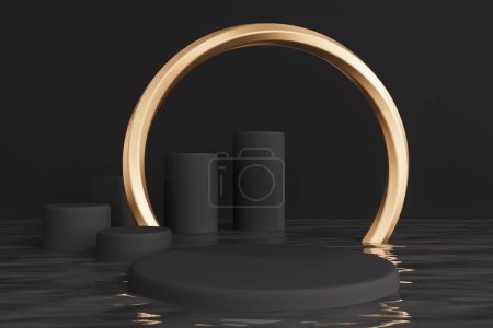 Foto de Plataforma negra flotando en el agua, gran anillo de oro y podio. Cilindro maqueta para la exhibición de mercancías. Concepto de venta y promoción de productos de lujo. Ilustración de representación 3D - Imagen libre de derechos