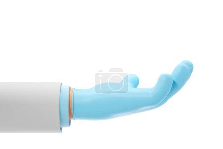 Photo for 3d rendering. Cartoon character doctor hand wearing blue latex medical glove, copy space on white background. Sterile rubber protective hygiene equipment illustration - Royalty Free Image