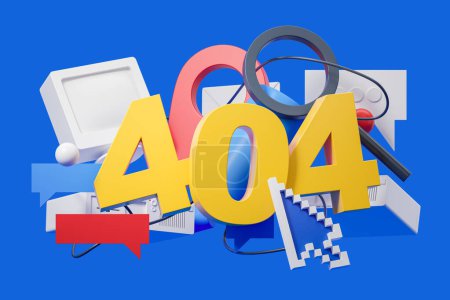 Téléchargez les photos : 404 avec différentes icônes web, ordinateur PC maquette écran et bulles de texte vides. Emplacement et loupe avec curseur. Concept d'erreur et page introuvable. Illustration de rendu 3D - en image libre de droit