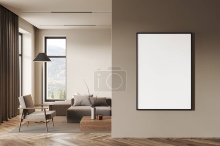 Photo for Interior of modern living room with beige walls, wooden floor, comfortable beige sofa and armchair, wooden coffee table and vertical mock up poster frame in foreground. 3d rendering - Royalty Free Image