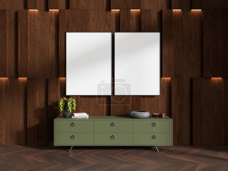 Foto de Interior del salón de madera oscura con aparador verde y decoración, suelo de madera. Acogedor diseño escandinavo y dos carteles de lona simulados en fila. Renderizado 3D - Imagen libre de derechos