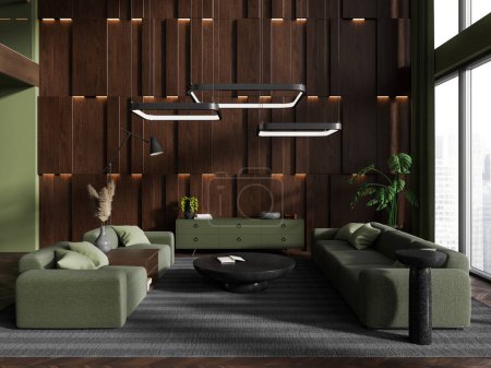 Photo for Green and wooden home living room interior with sofa and armchair, coffee table and hardwood floor. Modern relax place design and panoramic window on skyscrapers. 3D rendering - Royalty Free Image
