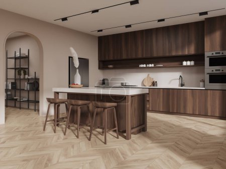 Photo for Corner of modern kitchen with beige walls, wooden floor, dark wooden cupboards and cabinets with built in sink and cooker, dark wooden bar with stools and big fridge. 3d rendering - Royalty Free Image