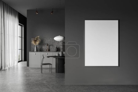 Photo for Dark home kitchen interior with dinner table and chair on grey concrete floor. Eating and cooking zone with modern furniture and panoramic window. Mock up canvas poster on partition. 3D rendering - Royalty Free Image