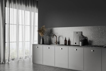 Photo for Corner of stylish kitchen with gray walls, concrete floor and comfortable gray cabinets with built in sink and cooker standing near window. 3d rendering - Royalty Free Image