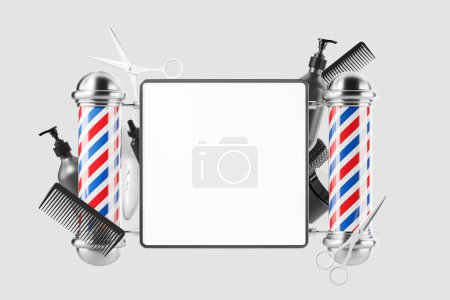 Photo for View of square mock up barber shop poster sign with barber poles and hairdresser tools around it over white background. Concept of beauty and self care. 3d rendering - Royalty Free Image