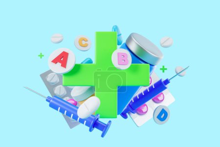 Foto de Farmacia y frascos médicos con pastillas voladoras y jeringa, cruz verde sobre fondo azul. Concepto de protección de la salud, curación y medicación. Ilustración de representación 3D - Imagen libre de derechos