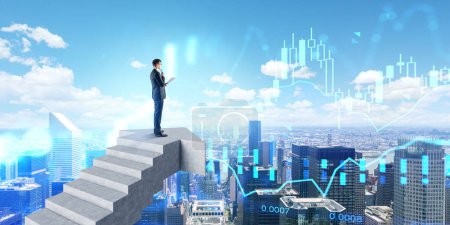 Photo for Side view of pensive young businessman standing on staircase and analyzing digital financial graphs in city sky. Concept of consulting, stock market success and investment growth. New york - Royalty Free Image