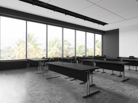 Foto de Esquina de la elegante aula de la escuela con paredes blancas y grises, piso de hormigón, fila de mesas de madera oscura con sillas y ventana panorámica. renderizado 3d - Imagen libre de derechos