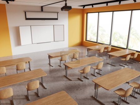 Foto de Vista superior del interior del aula de color amarillo y blanco con escritorio y sillas en fila, espacio de copia simulada pizarra vacía y proyector con pantalla. Ventana panorámica de los trópicos. Renderizado 3D - Imagen libre de derechos