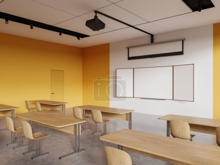 Foto de Esquina del aula de la escuela moderna con paredes blancas y amarillas, filas de mesas de madera y blanco maqueta de pizarra. renderizado 3d - Imagen libre de derechos