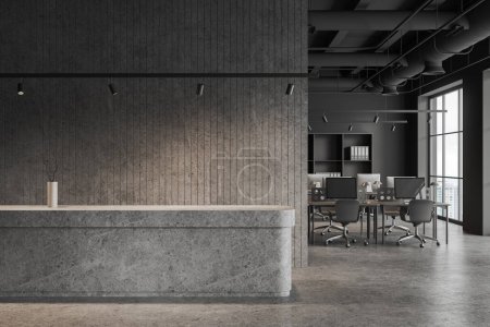 Photo for Grey office interior with concrete reception desk, pc computer monitors on table in row on background. Coworking space with shelf and panoramic window on skyscrapers. 3D rendering - Royalty Free Image