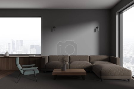 Photo for Interior of stylish living room with gray walls, dark wooden floor, comfortable brown couch, gray armchair, dark wooden dresser and square coffee table. 3d rendering, copy space wall - Royalty Free Image