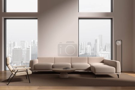Foto de Acogedor hogar salón interior con sofá y sillón en la alfombra, mesa de centro con decoración. Ventana panorámica en rascacielos, se burlan de la pared beige vacía. Renderizado 3D - Imagen libre de derechos