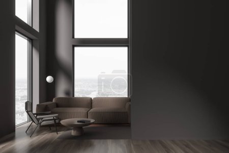 Téléchargez les photos : Maison grise salon relax intérieur avec canapé et fauteuil sur parquet, table basse avec un livre sur tapis. Fenêtre panoramique sur la vue sur la ville, maquette de cloison murale vide. rendu 3D - en image libre de droit