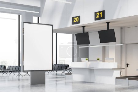 Photo for Airport interior check-in counter with pc computer and monitor, side view waiting area with chairs and panoramic window. Mock up empty lightbox, banner for advertising in terminal. 3D rendering - Royalty Free Image